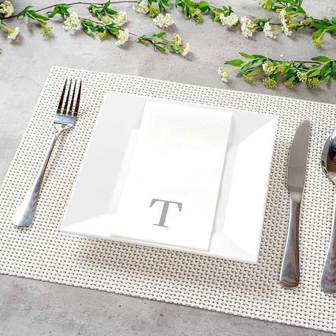 Luxenap 15.8 X 7.9 Inch Linen-Feel Guest Towels, 50 Lettered Hand Towels - Silver Letter 'T', Sans Serif Font, White Paper Dinner Napkins, airlaid, For Restrooms And Tables - Restaurantware