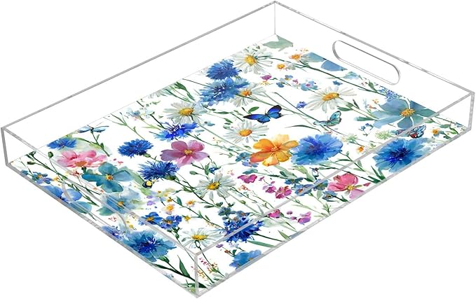Serving Tray with Handles Clear Acrylic Tray 12x16 Inch Decorative Rectangular Tray Organizer for Ottoman Coffee Table Bathroom Watercolor Cornflower Daisy