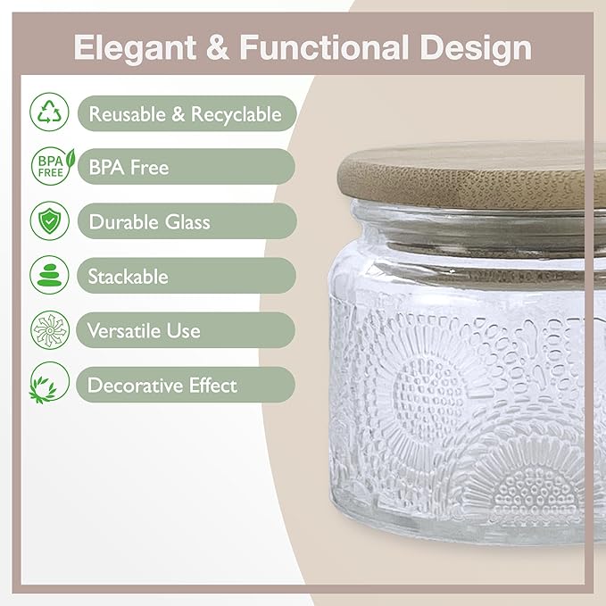 4 oz Blue Mini Glass Jars with Airtight Bamboo Lids 6 pack, Decorative Small Food Storage Canister, Vintage Embossed Home Décor Candle Parties Wedding Baby Shower Favors Gift