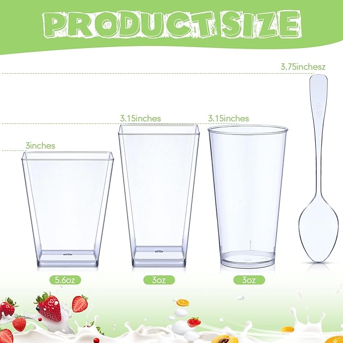 Zhehao 300 Packs 3 oz 5.6 oz Mini Dessert Cups with Spoons Plastic Parfait Appetizer Shooter Yogurt Cups Disposable Clear Square Dessert Serving Containers(Simple Style,Clear)