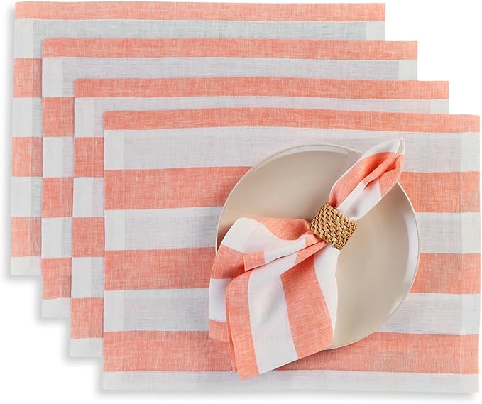 Solino Home Linen Cloth Placemats Set of 4 - Cabana Stripe 100% Pure Linen Salmon and White Farmhouse Placemats 14 x 19 Inch