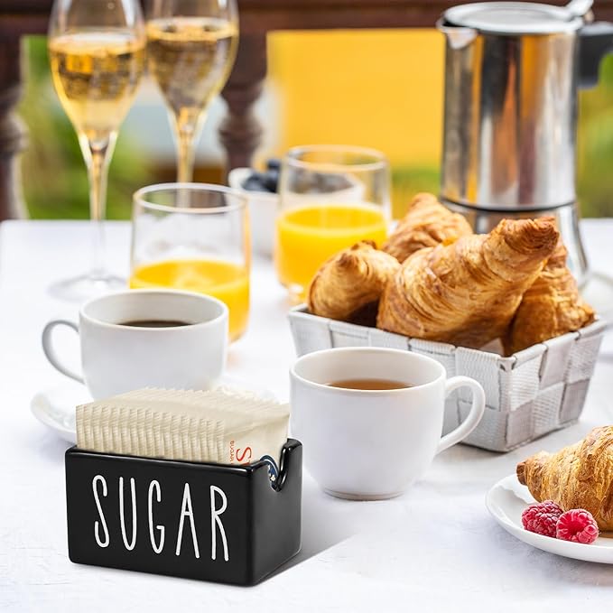 Ceramic Sugar Packet Holder for Coffee Bar, Caddy, Container, Dispenser, Organizer for Table, Office, Hotel, Restaurant (Black)