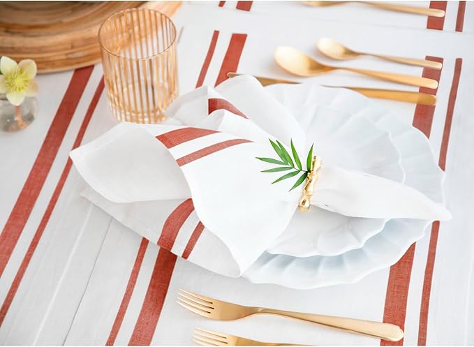 Solino Home Linen Dinner Napkins Set of 4-100% Pure Linen French Stripe Red and White Napkins 20 x 20 Inch for Christmas, Holiday, Winter, New Year