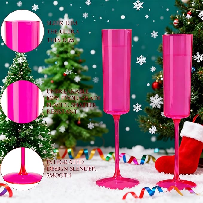 Ciaell 24 Pack Plastic Champagne Flutes - Hot Pink 6 Oz Disposable Champagne Glasses - Square Plastic Toasting Glasses for Party Birthday Anniversary Wedding