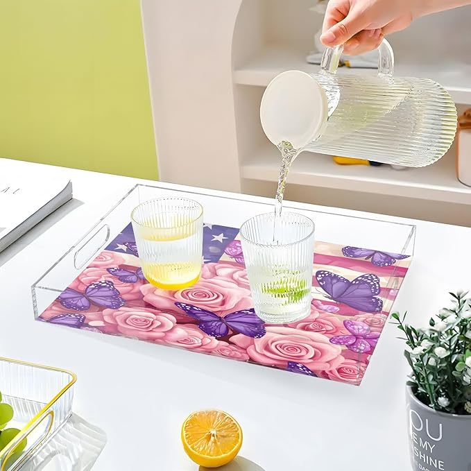 Serving Tray with Handles Clear Acrylic Tray 12x16 Inch Decorative Rectangular Tray Organizer for Ottoman Coffee Table Bathroom July 4th Pink Roses and Purple Butterflies