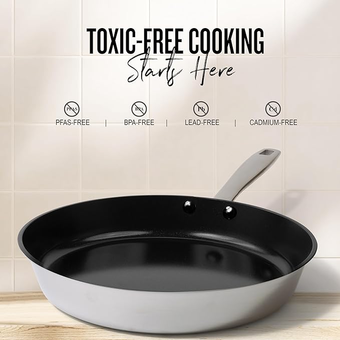 Alva Maestro Nonstick Stainless Steel Frying Pan 8" – Compact Non‑Toxic Skillet, No PFAS/PFOA/PTFE, Induction & Oven Safe, Even‑Heat Design, Easy‑Clean Surface with Glass Lid