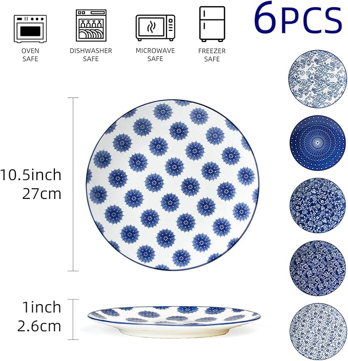Ceramic Dinner Plates Set - 10.5 Inch Large Kitchen Porcelain Salad Serving - Scratch Resistant Microwave Oven Dishwasher Safe - Dishes for Pizza Pancakes Pasta Steak - Set of 6 - Vintage Blue
