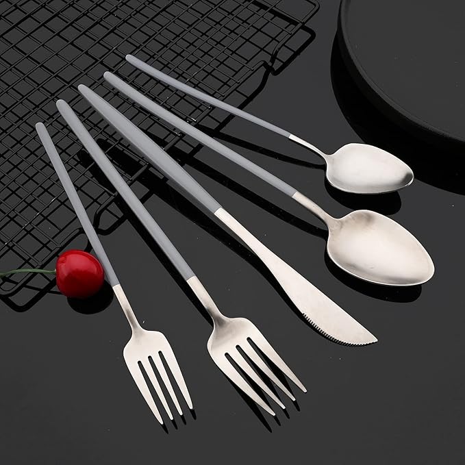 JASHII Matte Grey and Silver Silverware Set, 304 Stainless Steel Flatware Set Service for 4, Tableware Cutlery Set for Home Restaurant Party, Dinner Forks/Spoons/Knives, Slim Handle, Dishwasher Safe