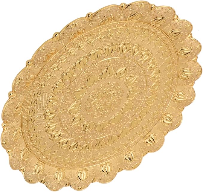 Turkish Tea Coffee Serving Tray, Vintage Style Round Coffee Tray with Embossed Pattern, Metal Dessert Plate for Bar Outdoor Dresser and Home Use (Gold)