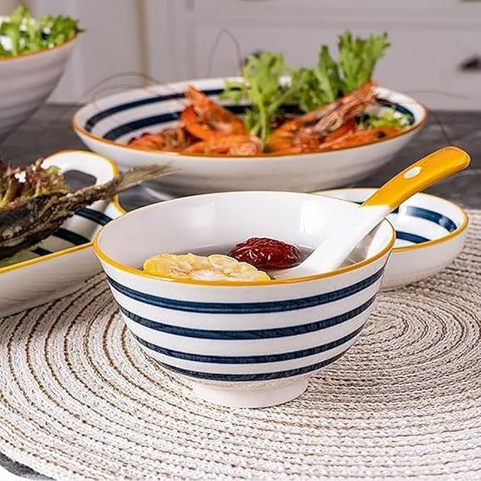☆Ceramic Dinnerware Sets, Plates Set, Dishes Set, Japanese Premium Hand Pained Fine Porcelain of 24 PCS-Bowls and Plates Set with Ring Pattern, Service for 6,White, size