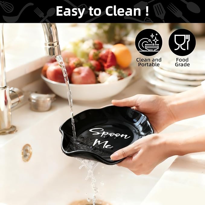 Funny Ceramic Spoon Rest for Kitchen Counter Stove Top, 5.8 Inch Heat-Resistant Utensil Holder for Cooking, Spoons, Ladles, Tongs, Cute Kitchen Decor, Housewarming Gift for Women Men (Black)