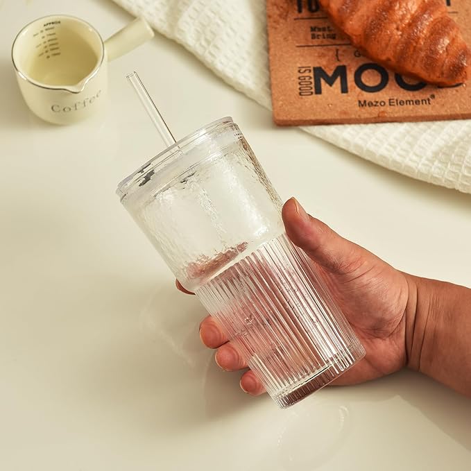 ALINK 20oz Glass Tumblers with Lids and Straws, Set of 4 - Stylish Ribbed Design Drinking Glasses for Iced Coffee Cups, Juice, Smoothies, Cold Beverages, Includes Cleaning Brush, Durable Glassware