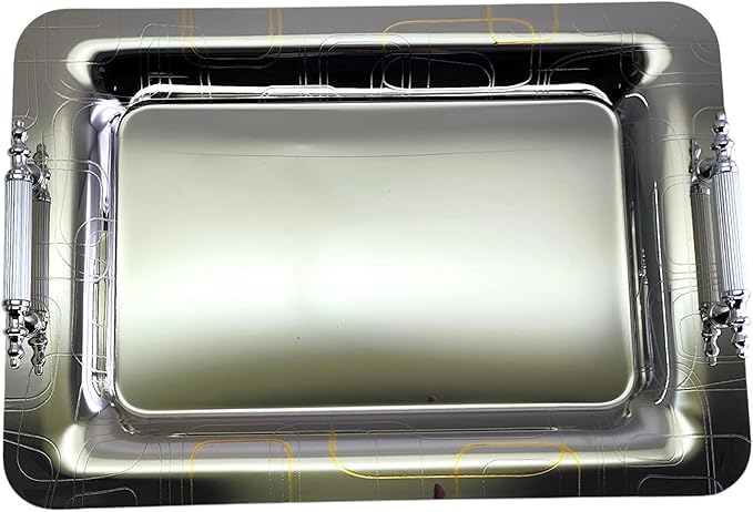 (Pack of 2) 18.5 inch x 13 inch Oval Chrome Plated Silver Serving Tray Stylish Design Iron Gold Floral Engraved Edge in Party Decor Birthday Gift Platter Plate NC-114