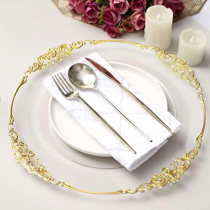 13" Charger Plates -Set of 12 - Acrylic Clear Gold Round Baroque Disposable Chargers Leaf Embossed Rim, Ideal for Dinner Party Wedding Bulk Events