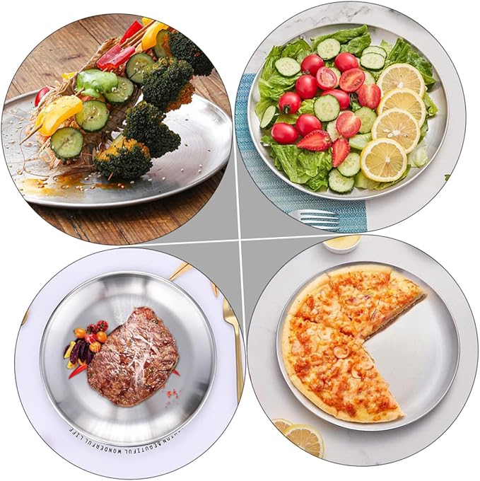 PRETYZOOM 2pcs Elegant Round Bbq Plate Stainless Steel Pizza Serving Trays Storage Plate for Family Gatherings