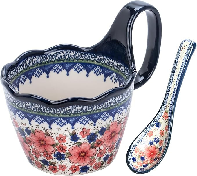 OZY Handpainted Soup Bowl with Handle,Ceramic Cereal Bowl Great for Soup, Ice cream, Fruits,Snack,Microwave &Dishwasher Safe (Snow Ink Plum Pink,Spoon)