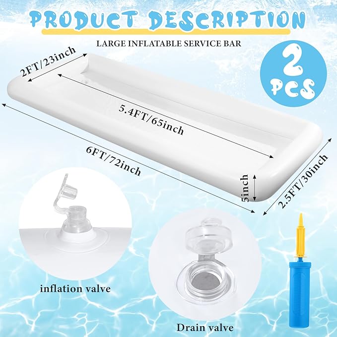 Large Inflatable Serving Bar 72 x 30 x 5'' Inflatable Ice Serving Buffet Bar Inflatable Cooler Ice Buffet Salad Serving Trays with Drain Plug for Pool Outdoor Party Picnic(White,2 Pack)