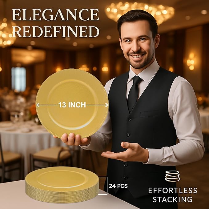 JEVERGN 24 Pack Gold Charger Plates, 13" Beaded Chargers for Dinner Plates, Gold Plate Chargers Set of 24, Round Plastic Charger for Wedding, Party Event, Dinner, Table Setting