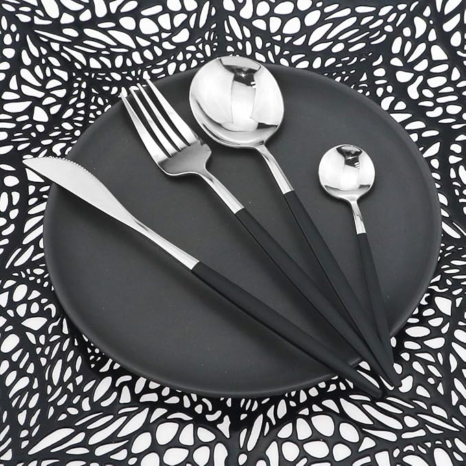 Mirror Silverware Set,24-Piece 304 Stainless Steel Shiny Flatware Set,Kitchen Utensil Set,Tableware Cutlery Set for Home and Restaurant, Dishwasher Safe Service For 6 (Black Handle Silver)