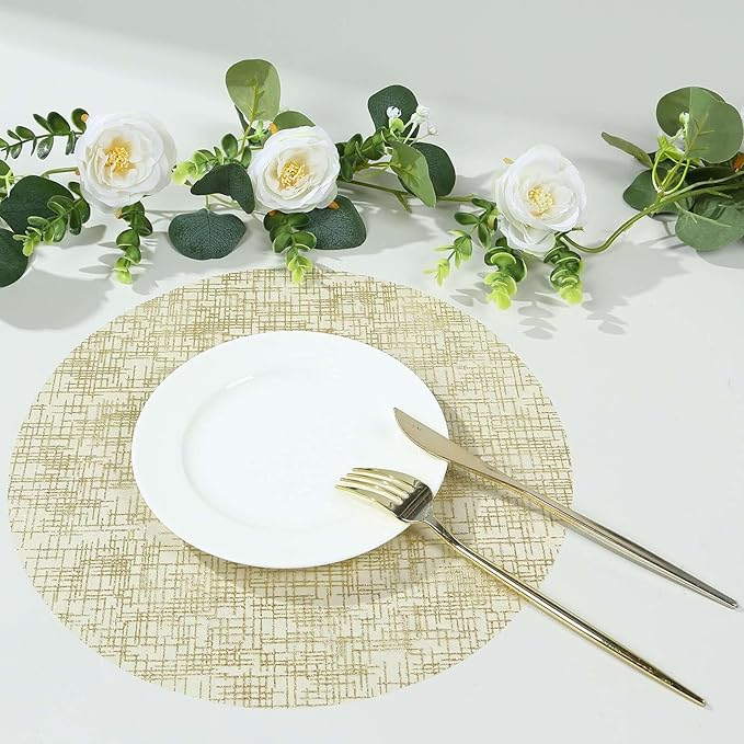 50 Pack 13" Gold Glitter Mesh Placemats - Round Disposable Durable Perfect for Parties and Events