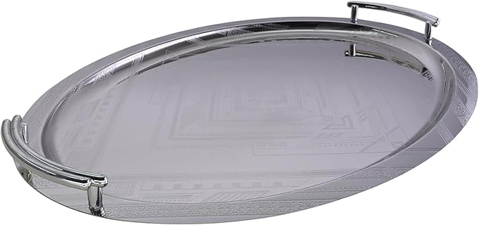 16.9 inch x 13.3 inch Oblong Chrome Plated Serving Tray with Handles Stylish Design Floral Engraved Edge Decorative Party Wedding Dessert Buffet Wine Platter Plate Gift Base NC-097