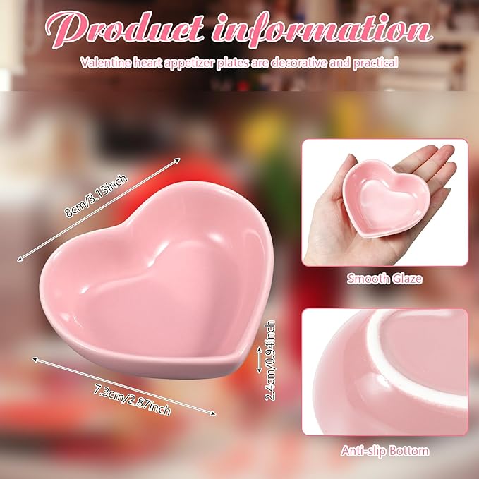 6 Pieces Heart Shaped Bowls Ceramic Dip Bowl Plates Multipurpose Salad Bowls Appetizer Plates Cooking Gifts for Candy Sauce Sushi Dipping Serving Wedding Anniversary Valentine's Day (Pink)