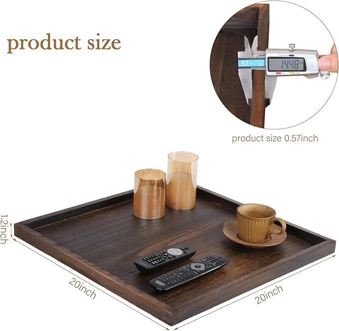 20" Rustic Wooden Serving Tray - Extra Large Square Ottoman Table Tray for Farmhouse Decorative Oversized Coffee Table Trays Living Room Kitchen Counter Breakfast Brown