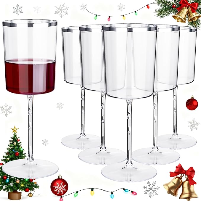 Ciaell 12 Pack Plastic Wine Glasses - 14 Oz Plastic Wine Glasses with Stem - Square Silver Disposable Stemmed Glass for Parties & Weddings & Outdoors