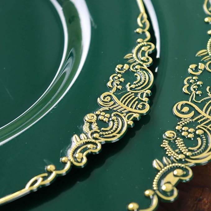 8" Salad Plates -Set of 10 - Plastic Hunter Green Round Baroque Disposable Chargers Leaf Embossed Rim, Ideal for Dinner Party Wedding Bulk Events