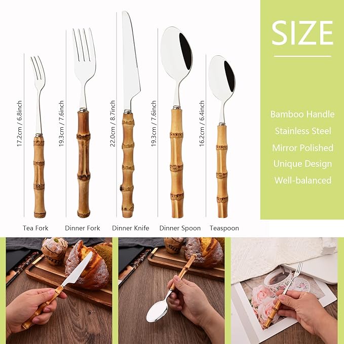 Mirror Polished Silverware Set for 8 - Bamboo Handle Cutlery Set - Stainless Steel Flatware Serving Set for Home Restaurant Wedding and Parties - 40 Pieces Eating Utensils
