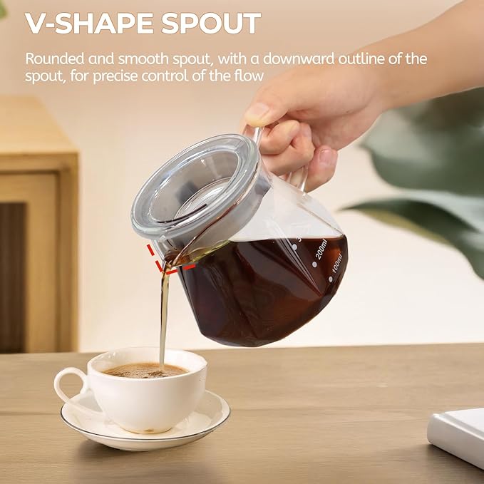 Pour Over Coffee Maker 400ml Borosilicate Glass Drip Coffeemaker Server Set with 50pcs V60 Cone Paper Filters Walnut Collar Glass Lid Clear Hand Brew Dripper Carafe for Home Camping Travel 13.5oz