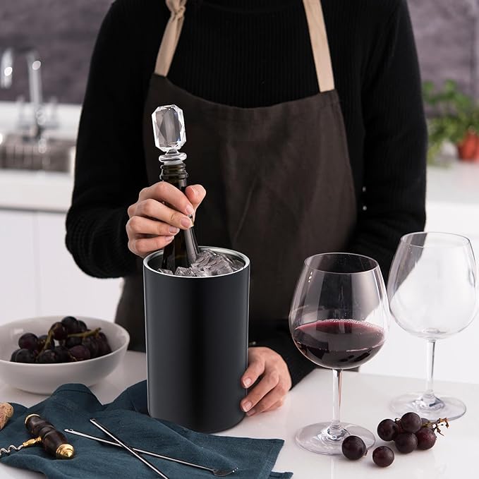 6 Pack Wine Chiller Bucket Wine Bottles Cooler Bulk, Stainless Steel Double Wall Insulated Champagne Ice Bucket for Parties,Fits for 750 ml Bottles(Black)
