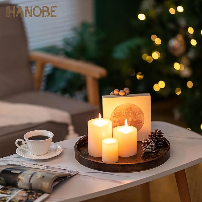 Hanobe DecorativeTray for Coffee Table : Round Vintage Brown Wood Trays for Home Decor - Farmhouse Circle Ottoman Plate for Kitchen Centerpiece Counter Display Living Room 12"