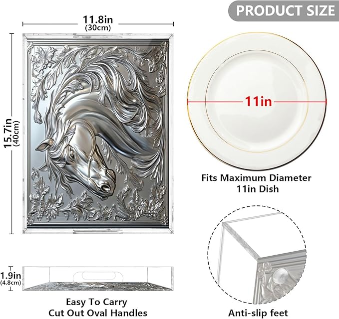 Horse Floral Relief Silver Serving Tray with Handles Decorative Ottoman Rectangle Acrylic Tray for Kitchen Bar Coffee Table 16"x12"