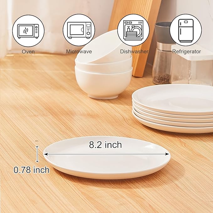 AntoKueh White Ceramic Plates Set of 6, 8.2 Inch Round Porcelain Salad Plate, 6-piece dishes with shallow Edge for Appetizer, Steak, Dishwasher/Microwave safe