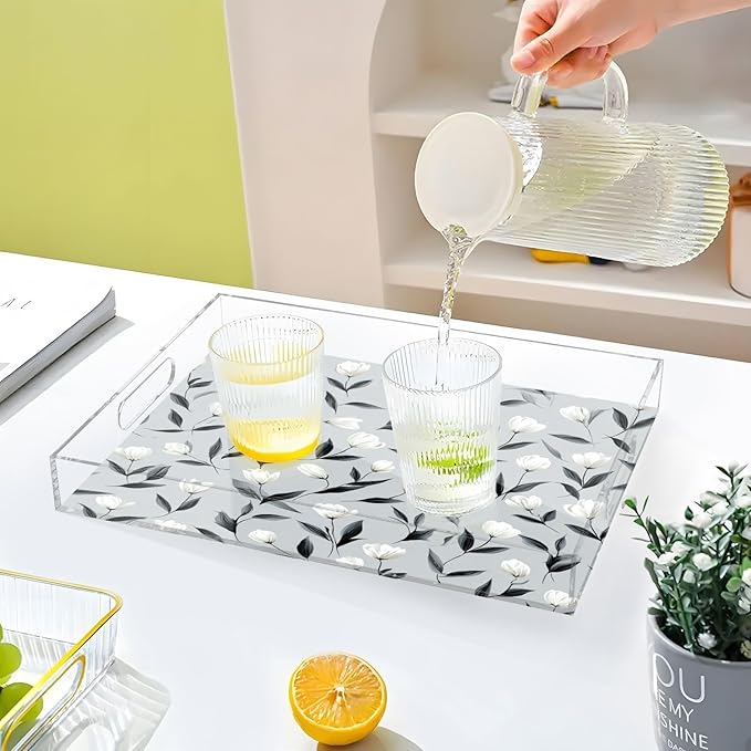 Serving Tray with Handles Clear Acrylic Tray 12x16 Inch Decorative Rectangular Tray Organizer for Ottoman Coffee Table Bathroom Light Gray Tulip Flowers