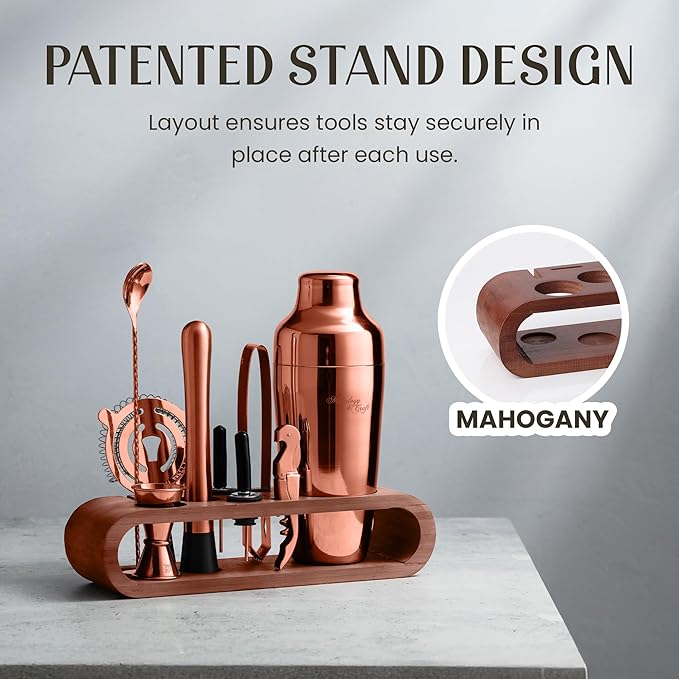 Mixology & Craft Bartender Kit: 10-Piece Cocktail Shaker Set with Dark Bamboo Stand | Complete Cocktail Kit Gift Set | Top Bartender Gifts for Men & Women | Leak-Proof Design (Copper)