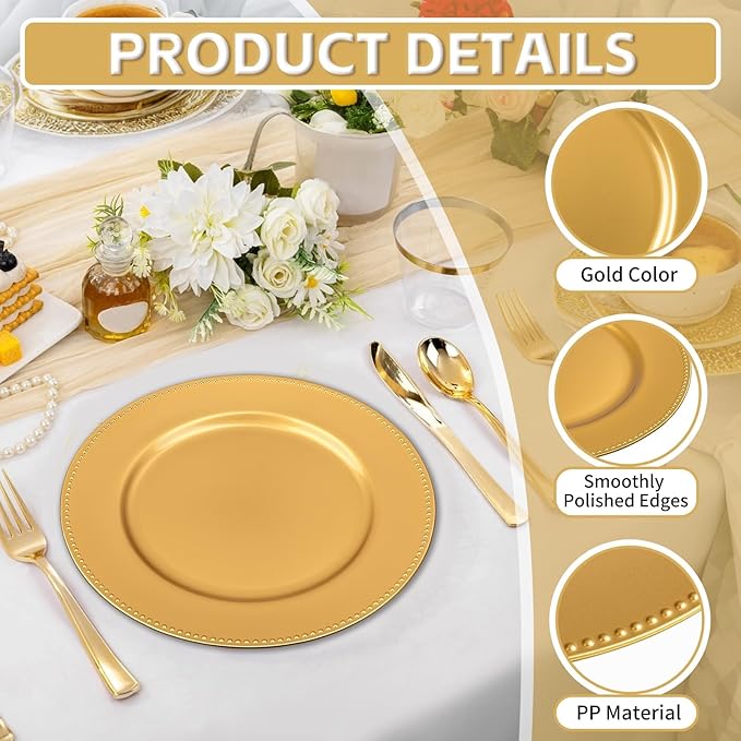PROY 50 Pack Gold Charger Plates, 13 Inch Plastic Round Gold Chargers for Dinner Plates with Beaded Rim, Reusable Plastic Table Chargers for Wedding, Party