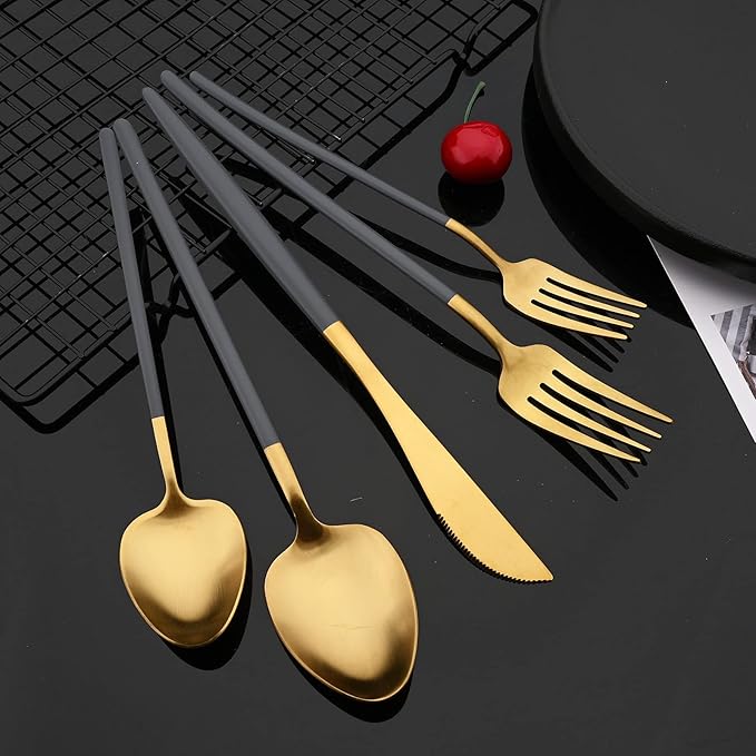 JASHII Slim Handle Silverware Set 20 Pieces, 304 Stainless Steel Colorful Flatware Set, Titanium Plating Cutlery Set, Utensil Sets for Home Dinner Service for 4, Dishwasher Safe - Dark Grey&Gold