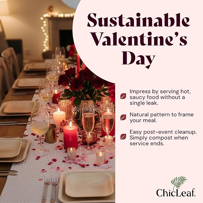 Chic Leaf Palm Leaf Bamboo Style Plates - 9-Inch Square, Pack of 50 - Compostable Serving Platters - Microwave -Disposable Plates - Durable Party Dishware, Upscale Look for Valentine’s Meals