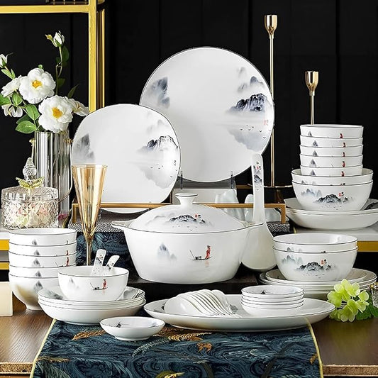 60-Piece Plates and Bowls Sets, Scratch Resistant Dish Set, Ceramic Kitchen Dinnerware Set, Dishwasher & Microwave Safe Bowl and Plate Set Reusable, Easy to Clean Tableware Set, Service for 12