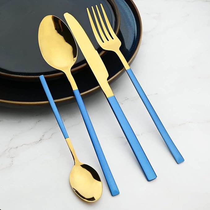 24-Piece Flatware Set, 18/0 Stainless Steel Knife Fork Spoon Teaspoon Silverware Set, Service for 6, Blue slender handle Gold