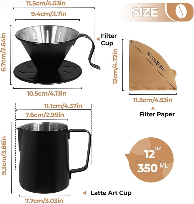 Uncoated Pour Over Coffee Maker 350ml Milk Frothing Pitcher 304 Thickened Stainless Steel Drip Coffeemaker Set with 50pcs V60 Cone Paper Filters Hand Brew Dripper Carafe for Home Camping Travel 12oz