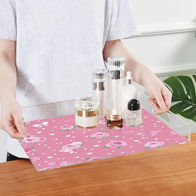 Serving Tray with Handles Clear Acrylic Tray 12x16 Inch Decorative Rectangular Tray Organizer for Ottoman Coffee Table Bathroom Pink Valentine Heart Roses Bows
