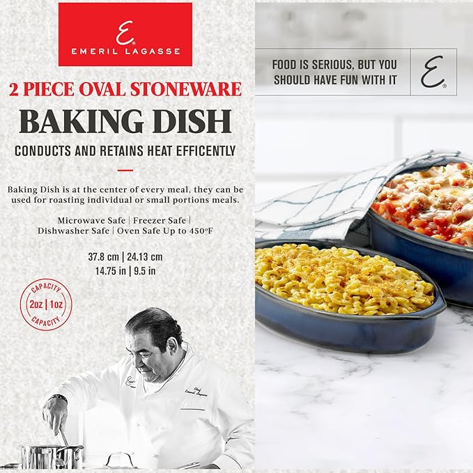 Emeril Lagasse 2-Piece Oval Stoneware Baking Dish Set - Versatile 1 & 2 Qt, for Baking, Perfect Casseroles, Roasts, Cake, Lasagna Pan, Microwave, Oven, Dishwasher, and Freezer Safe, S-803-2S-AZ