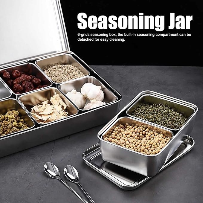 Condiment Containers with Lids, 6 Grids Salt and Sugar Container Sets, Spice Containers with Spoon, Divided Food Storage Containers Condiment Caddy Condiment Dispenser