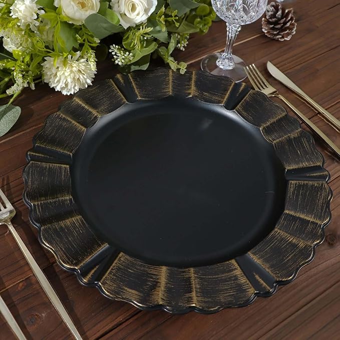 Efavormart Set of 6-13" Round - Black Plastic Charger Plates With Waved Scalloped Rim for Wedding, Outdoor Receptions, Banquets, Holiday Dinner plates Chargers