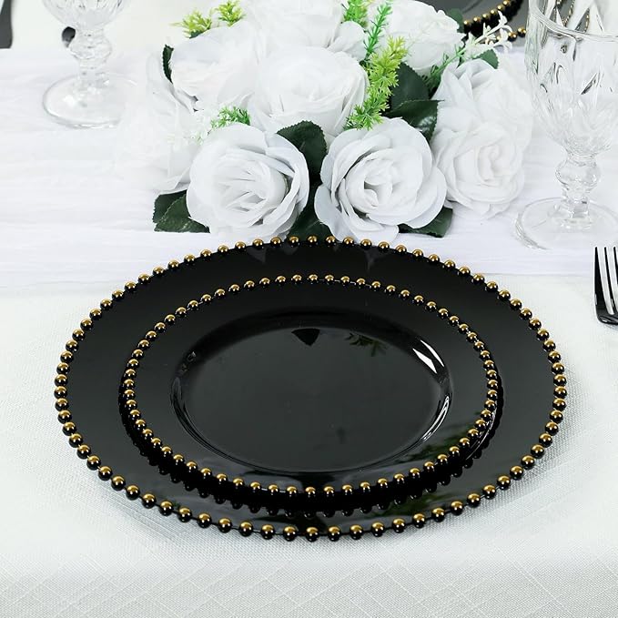 8" Salad Plates - Set of 20 - Plastic Black Gold Round Disposable Dessert Appetizer Plate Beaded Rim, Ideal for Dinner Party Wedding Bulk Events