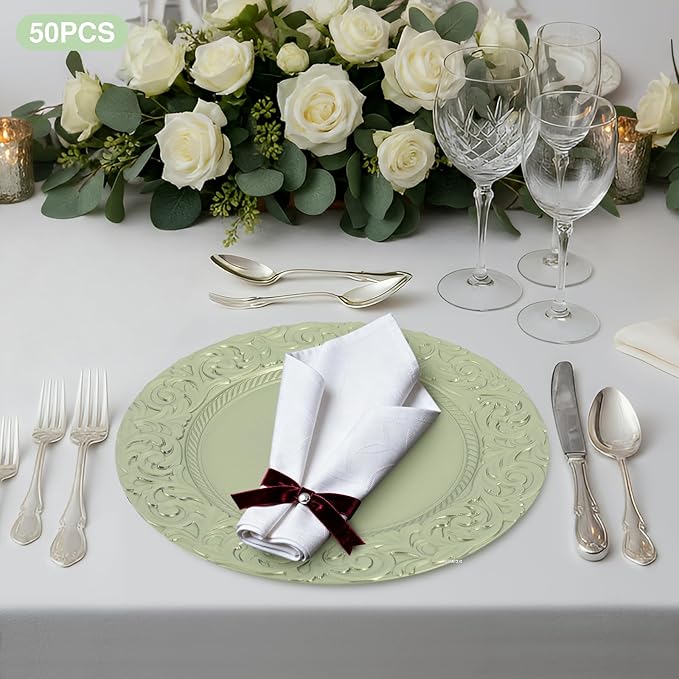 50 Pcs Antique Charger Plates Bulk 13" Round Floral Chargers for Dinner Plates, Green Charger Plates for Wedding, Party, Elegant Tabletop Decor (Green)