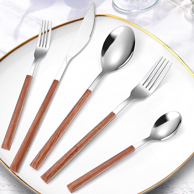 Silverware Set, 20 Piece Mirror Flatware Set Stainless Steel Eating Utensils With Wooden Effect Handle, A Complete Tableware Cutlery For Most Families,Knife Fork Spoon Service For 4 Dishwasher Safe